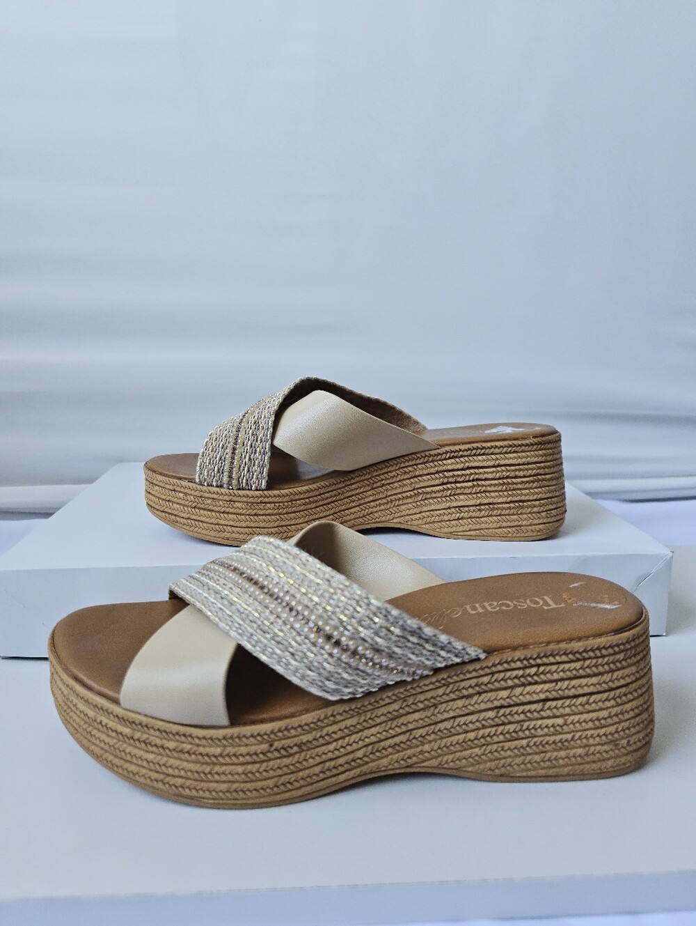 Toscanella Italy Neutral Metallic Wedge Platform Sandals - Size 7